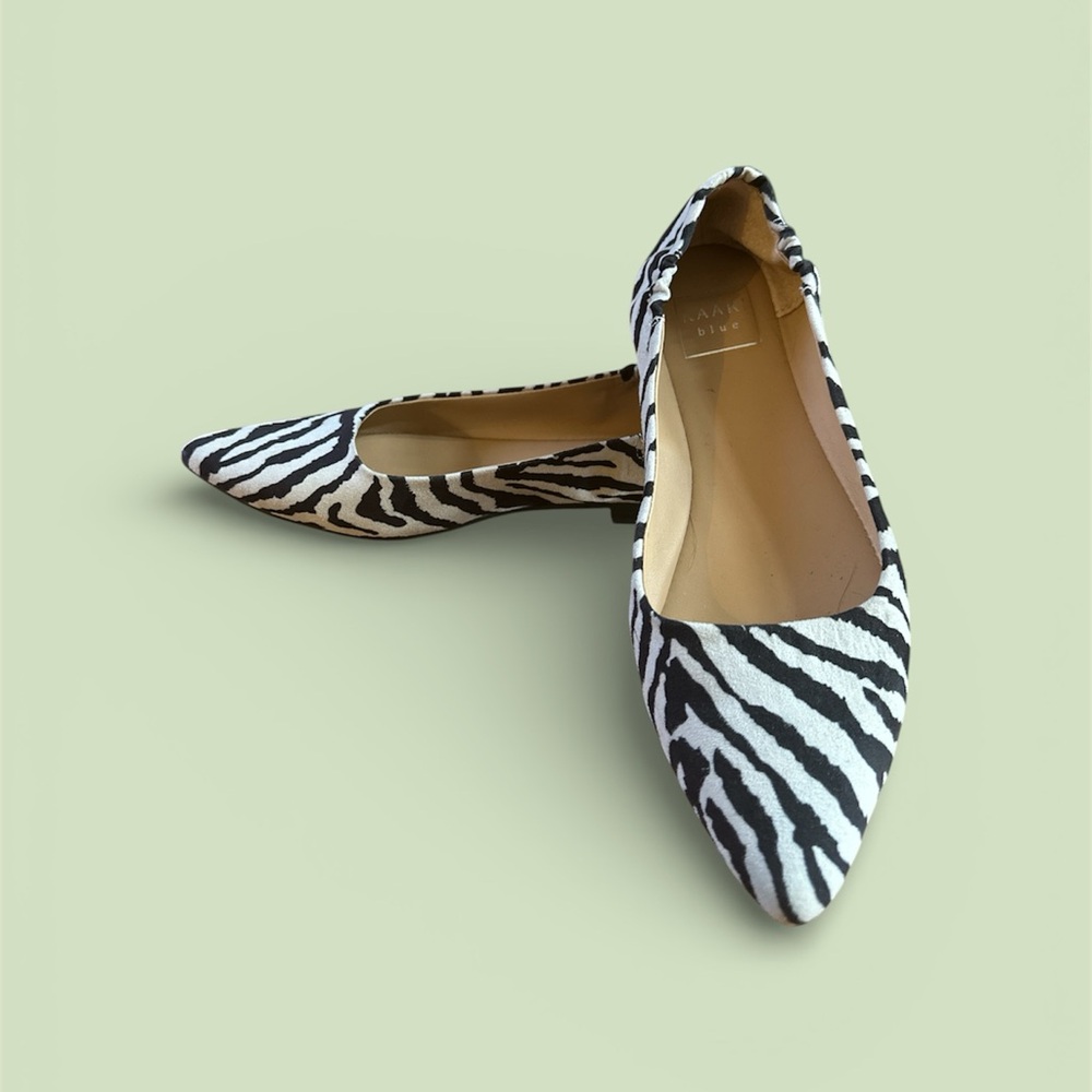 Kaari Blue Zebra Print Pointed Toe Flats - Black & White